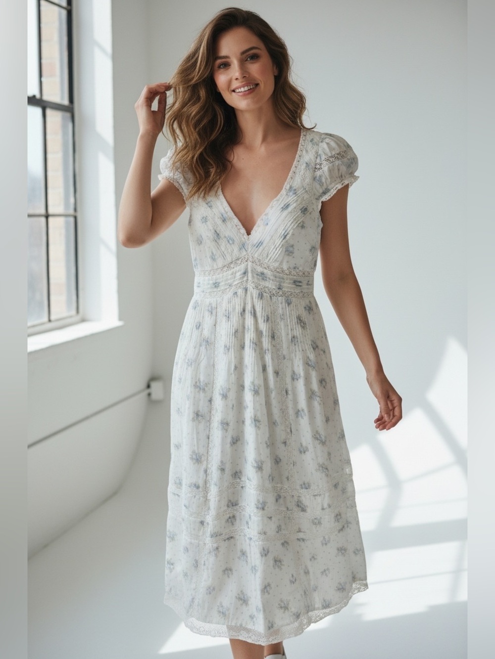 Love Shack Fancy SHABBY CHIC  Fleur Dress SMALL  BLUE WHITE